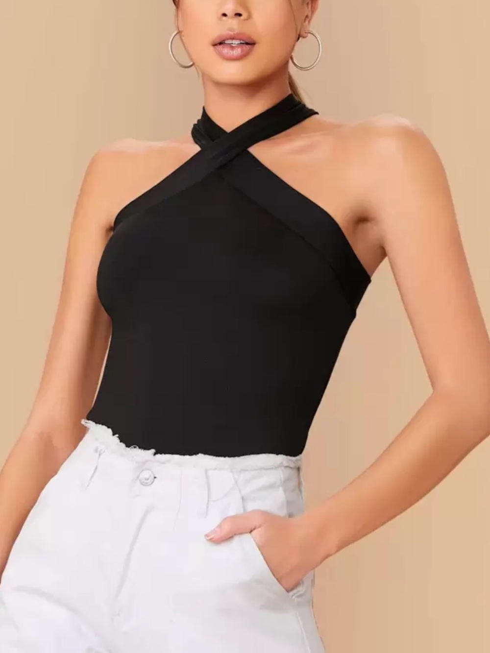 Cross-Neck Black Women's Tank Top